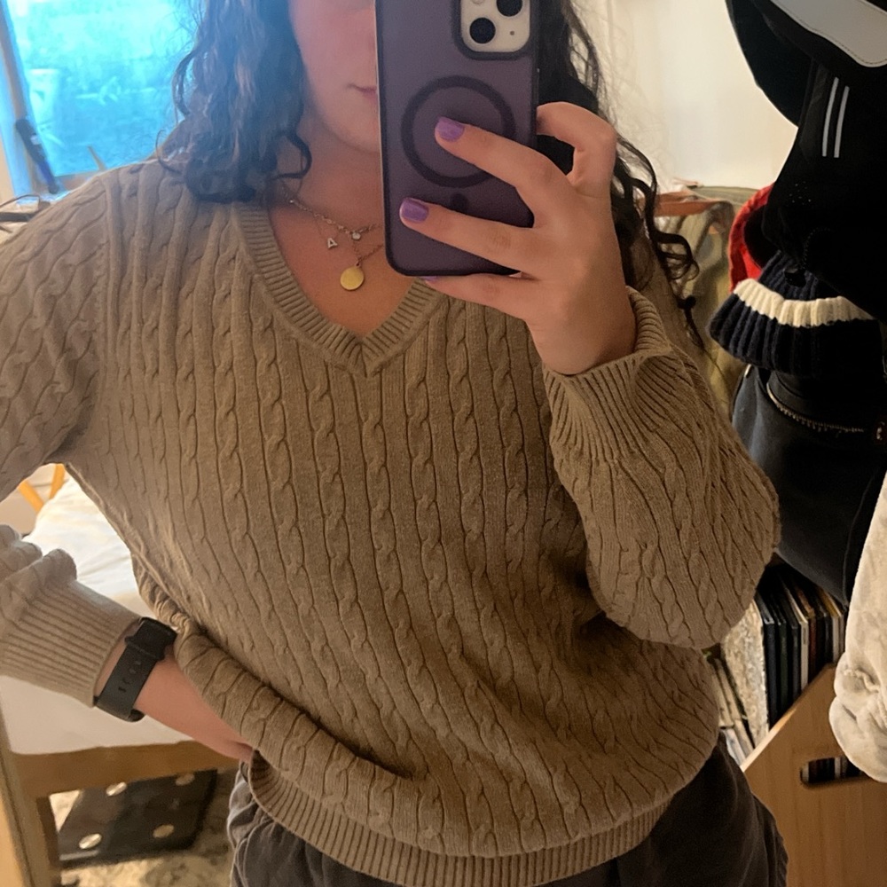 Karen Scott Beige Cable Knit V-Neck Sweater